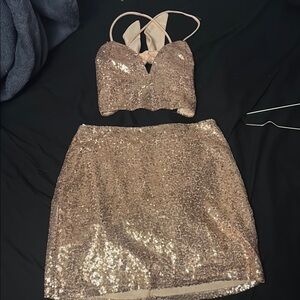 Pink Sequin Crop Top and Skirt Set